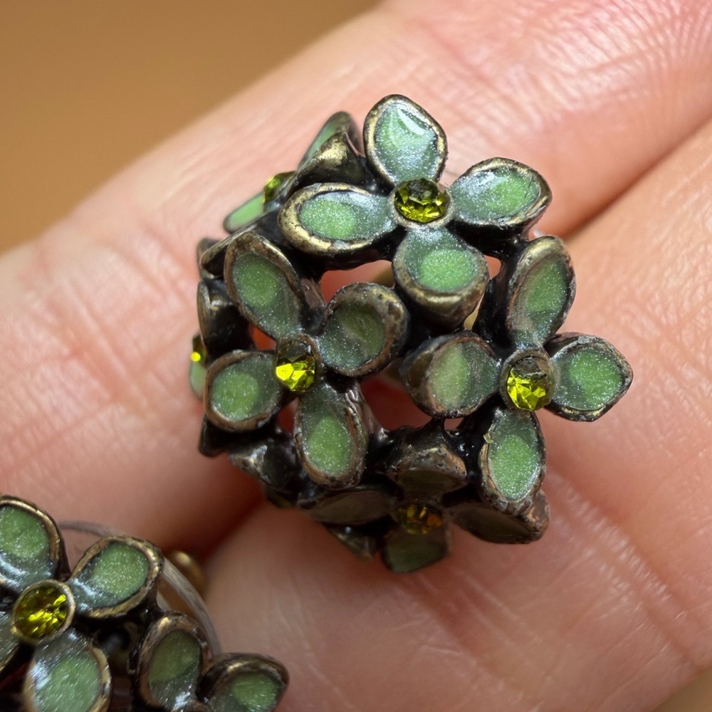 Olive Green Enamel Flower Cluster Stud Earrings - Picture 2 of 9